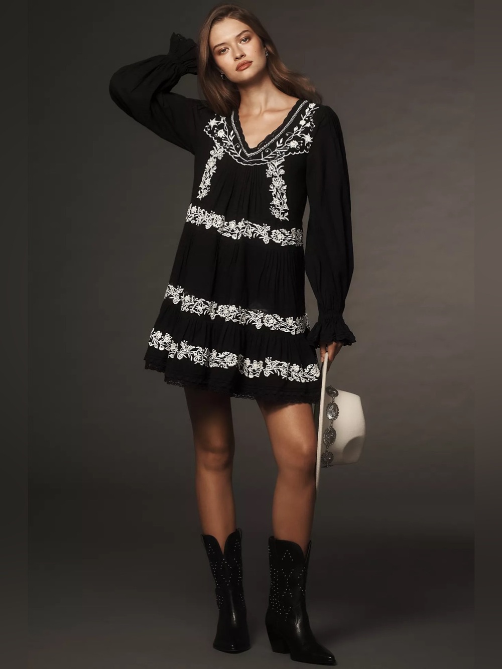 Anthropologie Pintuck Swing Black Cotton Mini Dress w White Floral Embroidery S